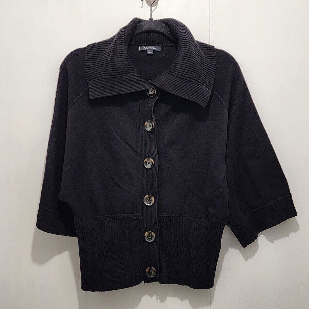 AK Anne Klein Button Down Cardigan Sweater Black Dolman 3/4 Sleeves Size Large